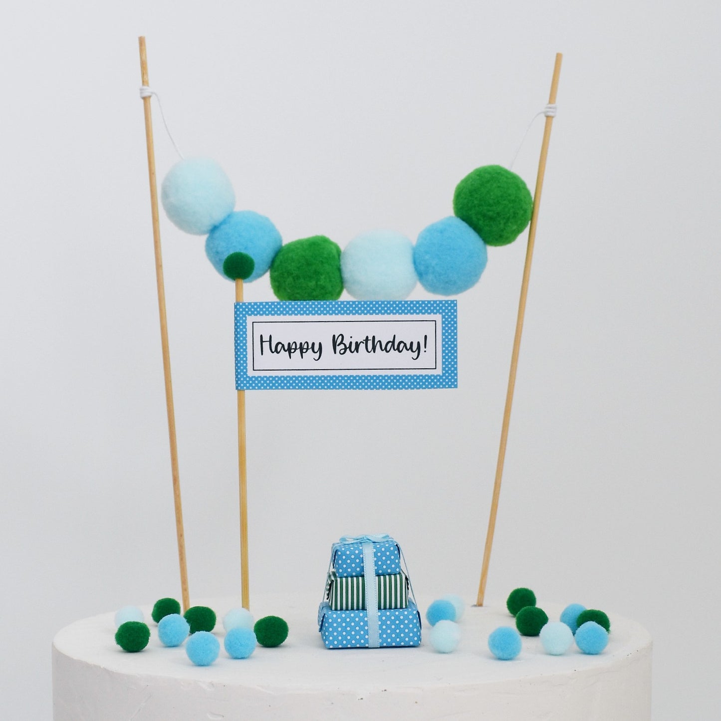 Blue and green Happy Birthday cake accessories