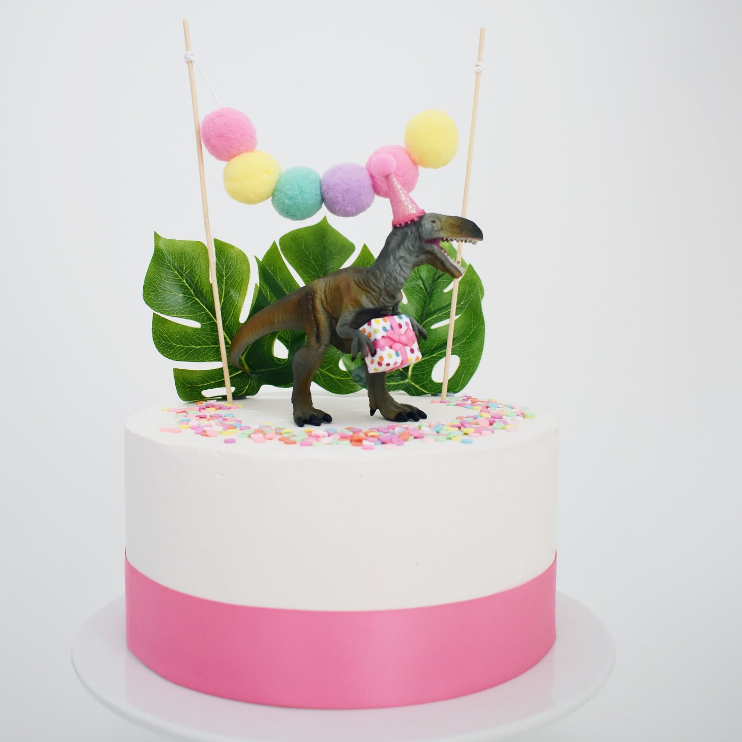 Dinosaur Cake Topper with Party Hat and Present, Pink