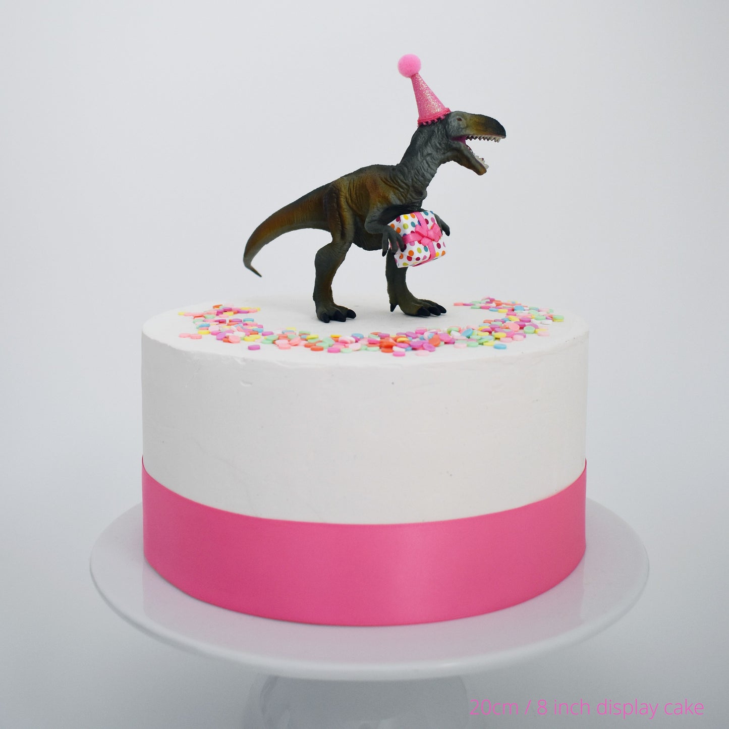 Dinosaur Cake Topper with Party Hat and Present, Pink