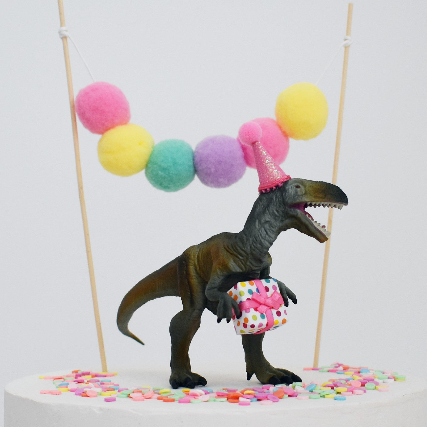 Dinosaur Cake Topper with Party Hat and Present, Pink
