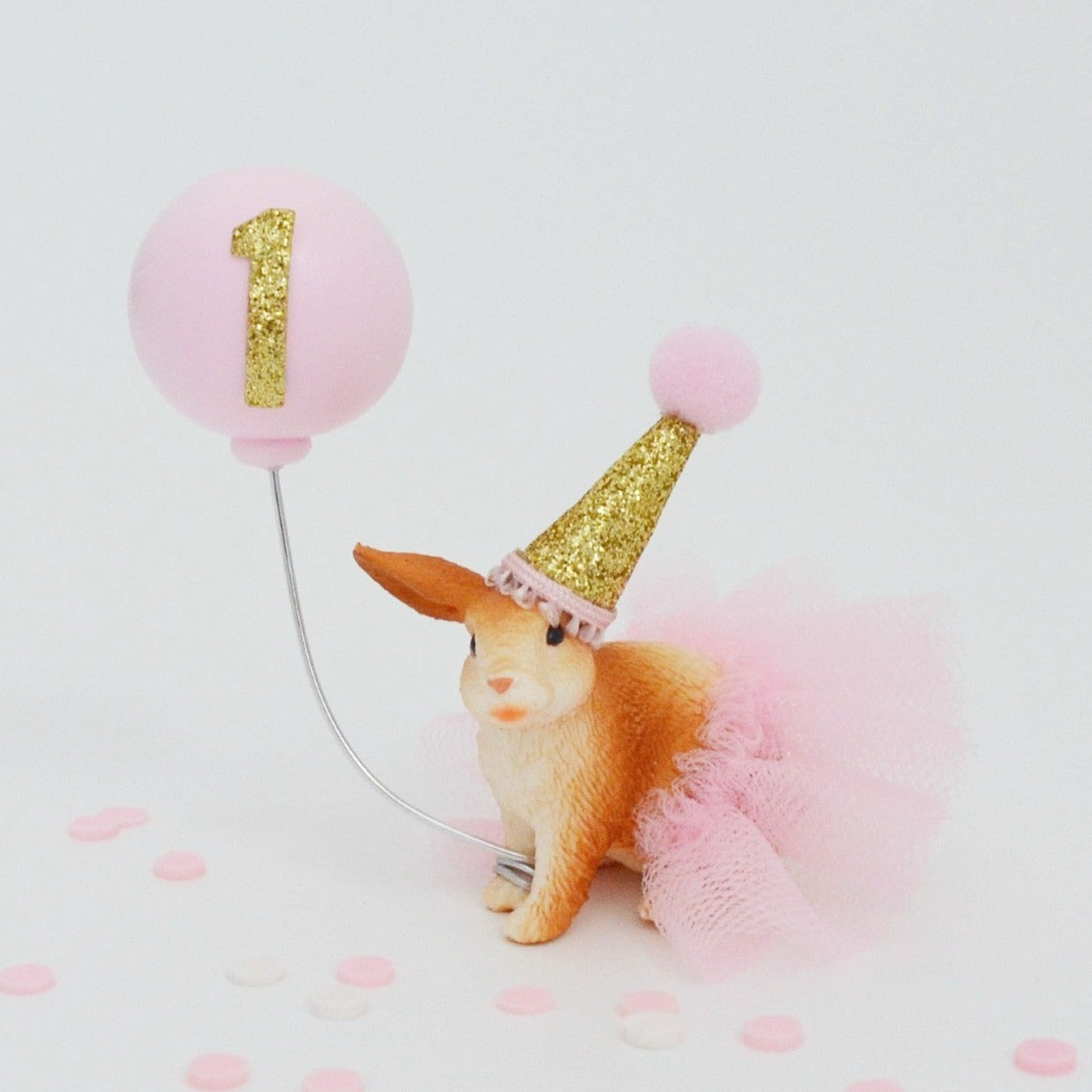 Rabbit Cake Topper with Party Hat Tutu & Balloon Pink and Gold