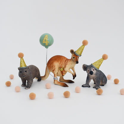 Australian Animal Cake Toppers in Sage Green: Kangaroo, Koala & Wombat