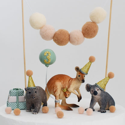 Australian Animal Cake Toppers in Sage Green: Kangaroo, Koala & Wombat