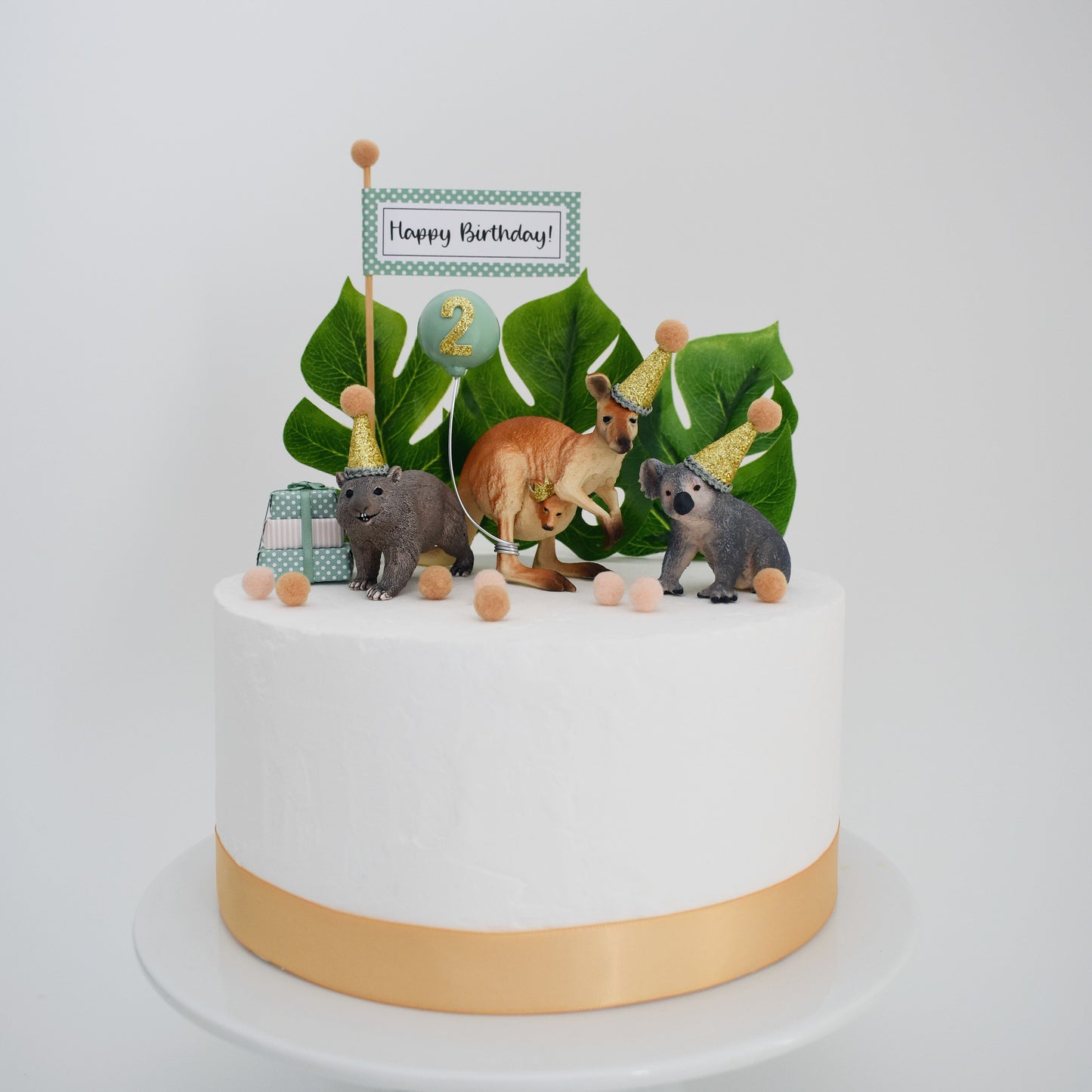 Australian Animal Cake Toppers in Sage Green: Kangaroo, Koala & Wombat