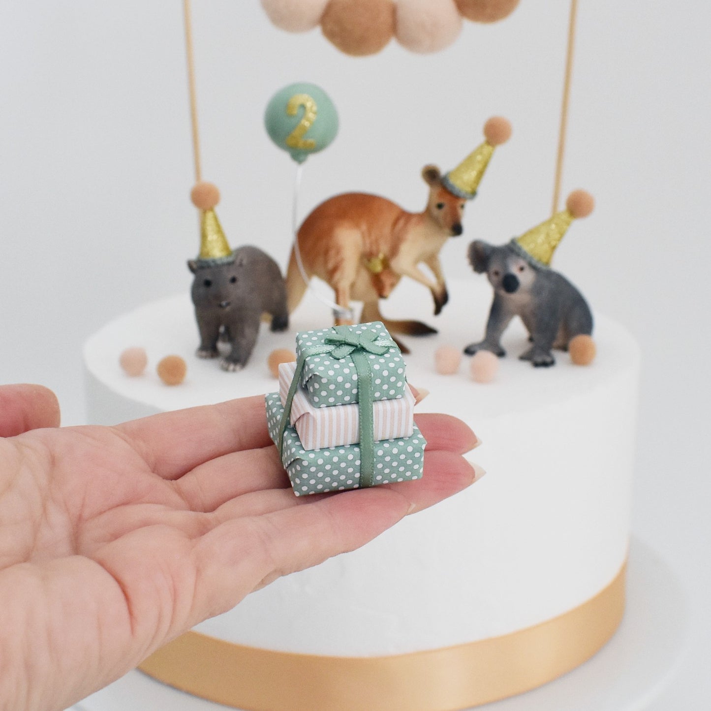 Australian Animal Cake Toppers in Sage Green: Kangaroo, Koala & Wombat