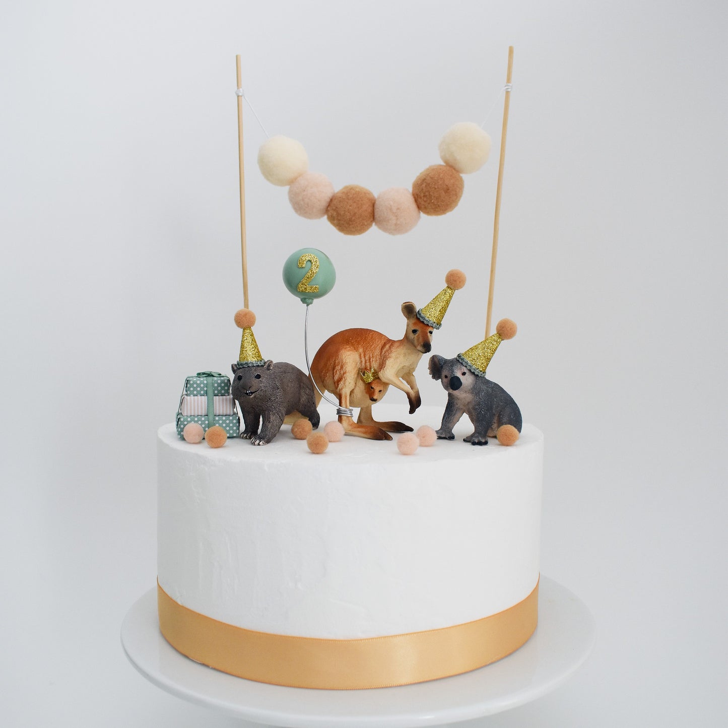 Australian Animal Cake Toppers in Sage Green: Kangaroo, Koala & Wombat