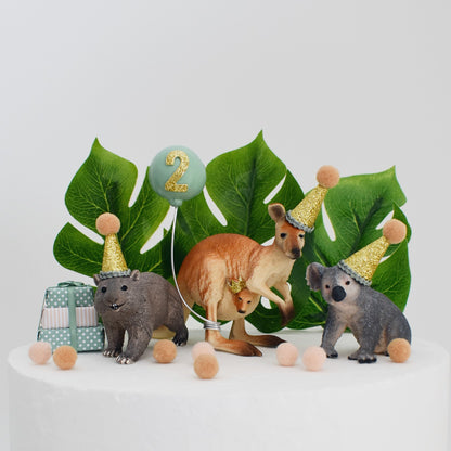 Australian Animal Cake Toppers in Sage Green: Kangaroo, Koala & Wombat