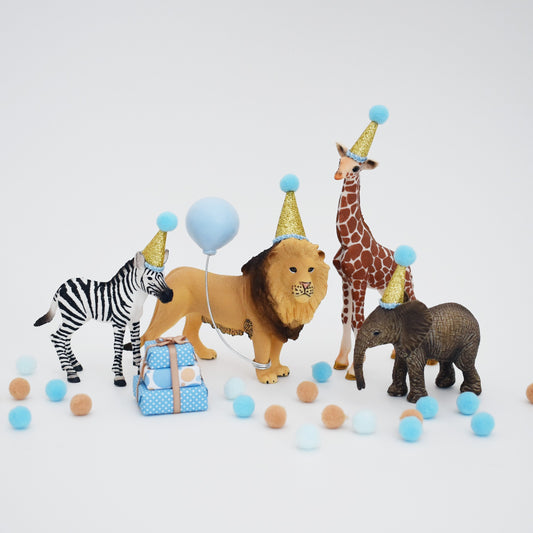 READY TO POST Blue Safari Animal Cake Topper Set - Lion Giraffe Elephant Zebra & Mini Present Stack