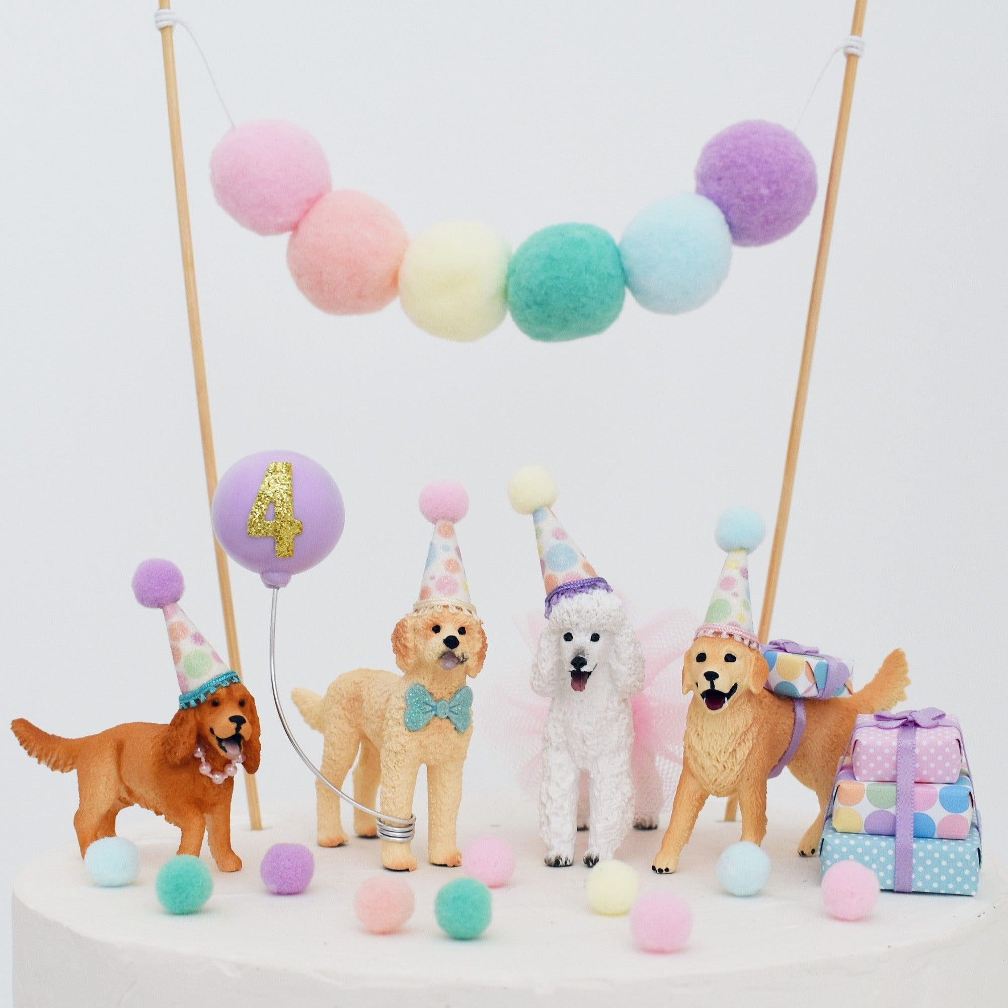 Pastel Rainbow Dog Puppy Cake Toppers with Party Hats Tutu Balloon Little Miss Charlie