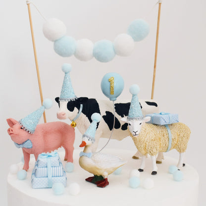 blue farm animal theme birthday cake