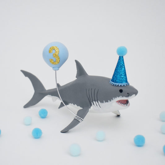 shark cake topper with party hat and balloon