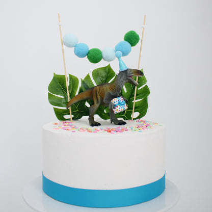 Dinosaur Cake Topper with Party Hat and Present, Blue