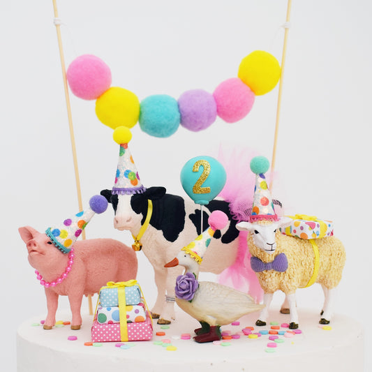 Rainbow Farm Animal Cake Toppers: Cow Sheep Pig & Duck